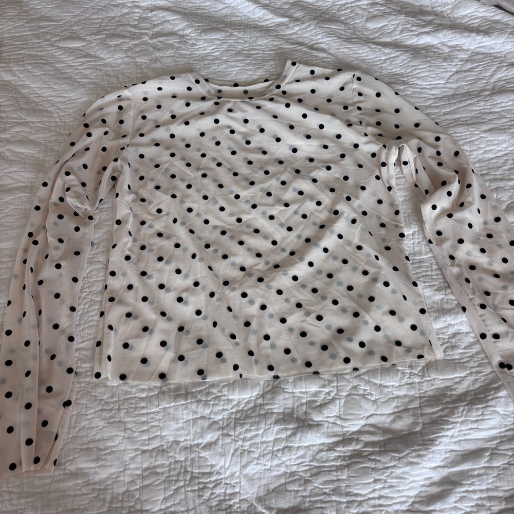 3/$15 SHEIN Cream Mesh Long Sleeve Top with Black Polka Dots